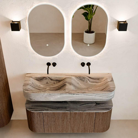 MONDIAZ THOR-DLUX 120cm badmeubel ronding links + rechts kleur Walnut met 1 lade en 2 deuren. Vrijhangende wastafel CLOUD Dubbel zonder kraangat kleur Sombra. SW1463648