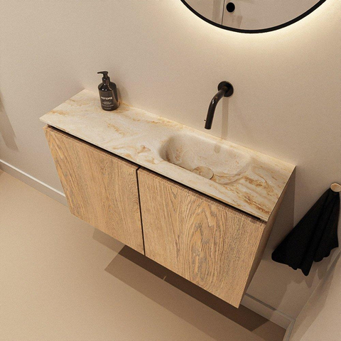 MONDIAZ TURE-DLUX Meuble de toilette 80cm Chêne lavé. Lavabo EDEN Frappe position droite. Sans trou de robinet. SW1103116