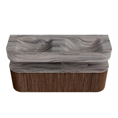 MONDIAZ THOR-DLUX 140cm meuble de salle de bains arrondi gauche + droite couleur Walnut avec 1 tiroir et 2 portes. Vasque suspendue CLOUD Double sans trou de robinet couleur Sombra. SW1464353