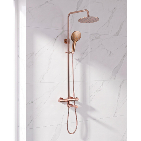 Fortifura Calvi Regendoucheset - thermostatisch - 25cm hoofddouche - metalen slang - ronde handdouche - draaibare baduitloop - geborsteld koper PVD SW1592515