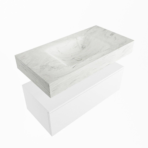 Mondiaz ALAN-DLUX Ensemble de meuble - 90cm - meuble Talc mat - 1 tiroir - Lavabo Cloud Opalo suspendu - vasque Centre - 0 trous de robinet SW806179