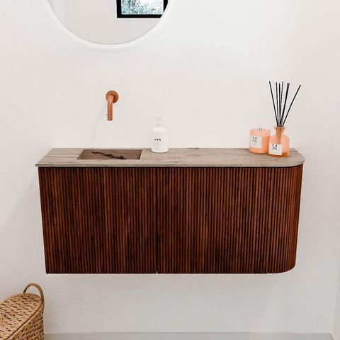 Mondiaz JOYA-DLUX 91.6cm toiletmeubel - ronding rechts kleur Ruby - Wastafel FAYE positie Links Zonder kraangat kleur Arena. SW1425309