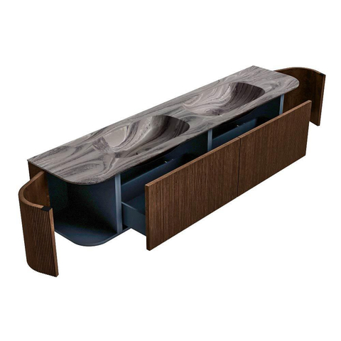 MONDIAZ KURVE-DLUX Meuble de salle de bains 200cm arrondi Gauche + Droite couleur Walnut avec 2 tiroirs et 2 portes. Lavabo STOR SMALL Double sans trou de robinet Sombra. SW1433713
