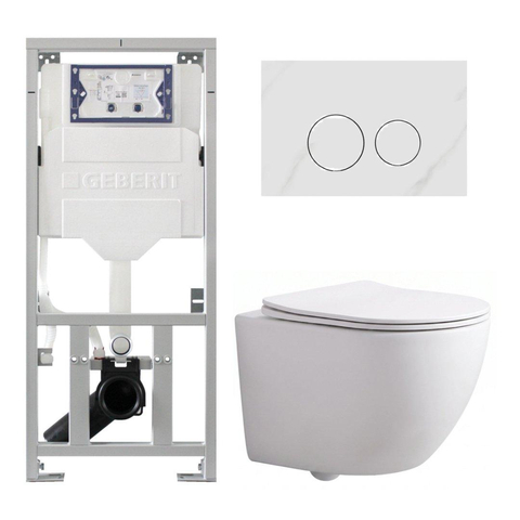Pack WC QeramiQ Dely Swirl Compact - réservoir encastrable Geberit UP320 - avec bâti-support Burda - abattant 25 mm - plaque de commande en plastique blanc brillant - boutons rectangulaires - blanc mat SW1595655