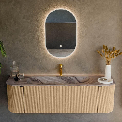 MONDIAZ KURVE-DLUX Meuble de salle de bains 150cm arrondi gauche + droite couleur chêne avec 1 tiroir et 2 portes. Lavabo BIG MEDIUM central 1 trou de robinet Sombra. SW1433559