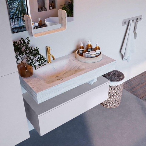 Mondiaz ALAN-DLUX Ensemble de meuble - 100cm - meuble Cale mat - 1 tiroir - Lavabo Cloud Opalo suspendu - vasque Gauche - 1 trou de robinet SW806694