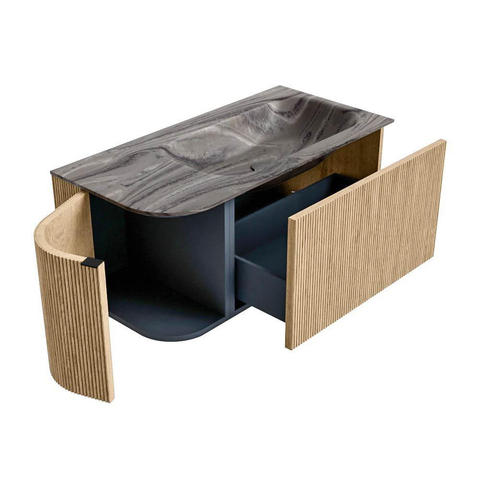 MONDIAZ KURVE-DLUX 95cm badmeubel ronding Links kleur Oak met 1 lade en 1 deur. Wastafel BIG SMALL Rechts zonder kraangat Sombra. SW1433537