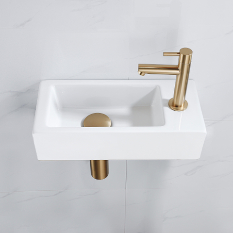 QeramiQ Fuente pack lave-mains – 37,5 x 18,5 x 9 cm – céramique blanc mat – perçage à droite – robinet doré brossé SW1232754