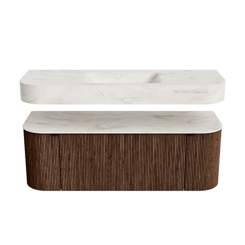 MONDIAZ THOR-DLUX 130cm badmeubel ronding links + rechts kleur Walnut met 1 lade en 2 deuren. Vrijhangende wastafel CLOUD Midden 1 kraangat kleur Ostra. SW1463622