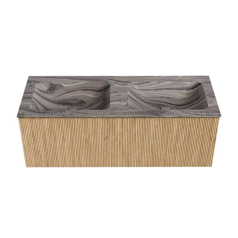 MONDIAZ KURVE-DLUX 120cm badmeubel kleur Oak met 1 lade en 0 deuren. Wastafel LEAF Dubbel 2 kraangaten Sombra. SW1433585