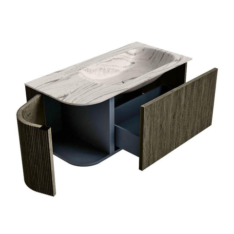 MONDIAZ KURVE-DLUX meuble de salle de bains 95cm arrondi à gauche couleur Shadow avec 1 tiroir et 1 porte. Lavabo BIG SMALL à droite sans trou de robinet Nata. SW1432274