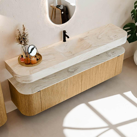 MONDIAZ THOR-DLUX 190cm meuble de salle de bains arrondi gauche + droite couleur Oak avec 2 tiroirs et 2 portes. Vasque suspendue CLOUD Milieu 1 trou de robinet couleur Ostra. SW1466402