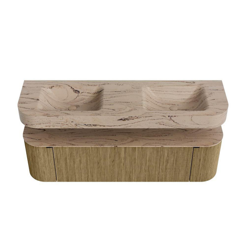MONDIAZ THOR-DLUX 160cm meuble de salle de bains arrondi gauche + droite couleur Dusk avec 1 tiroir et 2 portes. Vasque suspendue CLOUD Double 2 trous de robinet couleur Arena. SW1465139