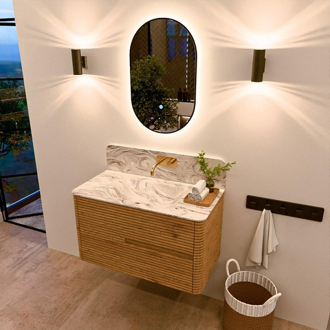 Mondiaz CIRO-DLUX Badkamermeubelset - 90x45x50cm - Solid surface wastafel Glace - 1 wasbak Midden - zonder kraangaten - 2 lades - Oak SW1530852