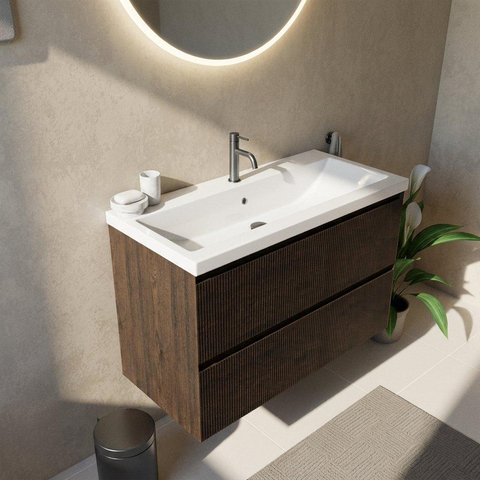 Saniclass Holz Atelier Ensemble meuble de salle de bains - 100x45x63.5cm - Bari lavabo en céramique blanc - 1 vasque - 1 trou de robinet - 2 tiroirs - chêne charcoal mat (bois) SW1478754