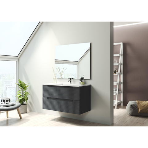 Saniclass Prime Balance Meuble de salle de bain - 100x55x45cm - 1 vasque rectangulaire en céramique blanc - 1 trou de robinet - 2 tiroirs - miroir rectangulaire - mat anthracite SW916207