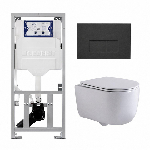 QeramiQ Dely Swirl Toiletset - 36.3x51.7cm - Geberit UP320 inbouwreservoir - met Burda frame - slimzitting - bedieningsplaat antraciet mat - rechthoekige knoppen - mat wit SW1164258