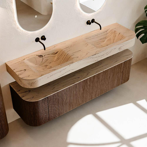 MONDIAZ THOR-DLUX 170cm badmeubel ronding links + rechts kleur Walnut met 1 lade en 2 deuren. Vrijhangende wastafel CLOUD Dubbel zonder kraangat kleur Arena. SW1465795