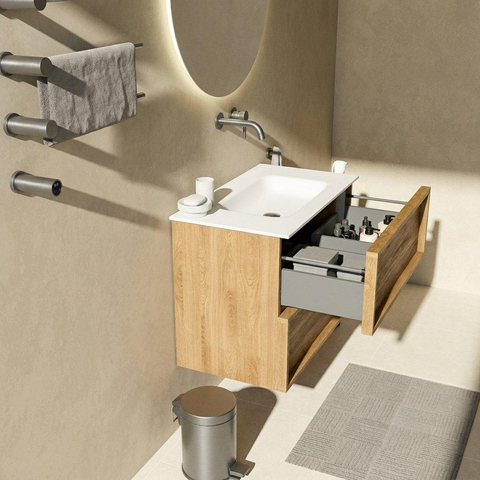 Saniclass Holz Frame Badkamermeubelset - 80x45x61.5cm - Flow solid surface wastafel wit - 1 wasbak - zonder kraangat - 2 lades - mat eiken natural (hout) SW1579768