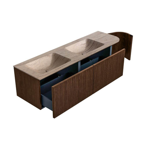 MONDIAZ KURVE-DLUX 155cm meuble de salle de bains arrondi Droite couleur Walnut avec 2 tiroirs et 1 porte. Lavabo LEAF Double / Gauche sans trou de robinet Saba. SW1433210