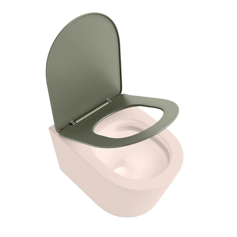 Mondiaz LAVIE hangtoilet – spoelrandloos – 36 x 53 cm – met softclose zitting – Rosee (roze), zitting Army (groen) SW1208576