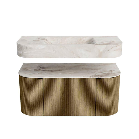 MONDIAZ THOR-DLUX 100cm meuble de salle de bains arrondi gauche + droite couleur Dusk avec 1 tiroir et 2 portes. Vasque suspendue CLOUD Milieu 1 trou de robinet couleur Frappe. SW1467397