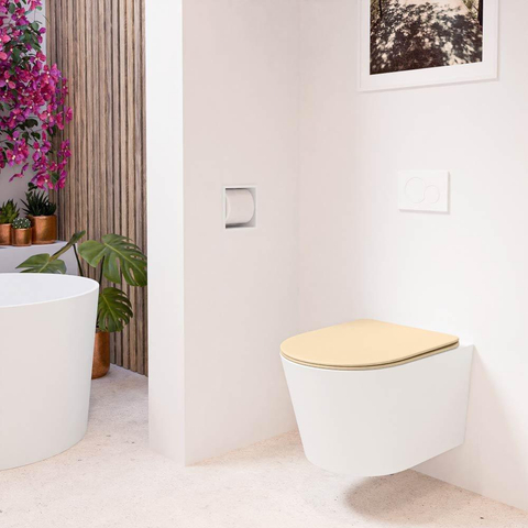Mondiaz LAVIE hangtoilet – spoelrandloos – 36 x 53 cm – met softclose zitting – Talc (wit), zitting Sand (beige) SW1208779