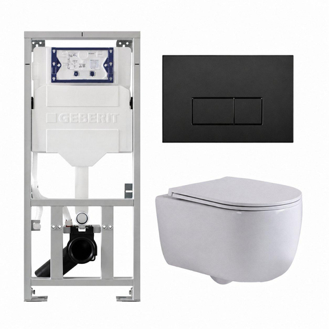QeramiQ Dely Swirl Toiletset - 36.3x51.7cm - Geberit UP320 inbouwreservoir - met Burda frame - slim zitting - mat zwarte bedieningsplaat - rechthoekige knoppen - glans wit SW1126089