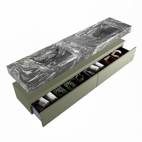 Mondiaz ALAN-DLUX Ensemble de meuble - 200cm - meuble Army mat - 2 tiroirs - Lavabo Cloud Lava suspendu - vasque Gauche et droite - 2 trous de robinet SW808417