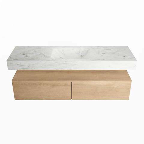 Mondiaz ALAN-DLUX Ensemble de meuble - 150cm - meuble Washed Oak mat - 2 tiroirs - Lavabo Cloud Opalo suspendu - vasque Centre - 0 trous de robinet SW808891