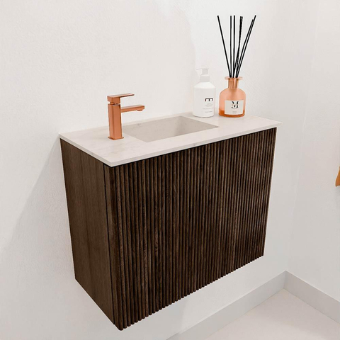 Mondiaz JOYA-DLUX 50cm toiletmeubel - kleur Walnut - Wastafel FAYE positie Links 1 kraangat kleur Meli. SW1424402