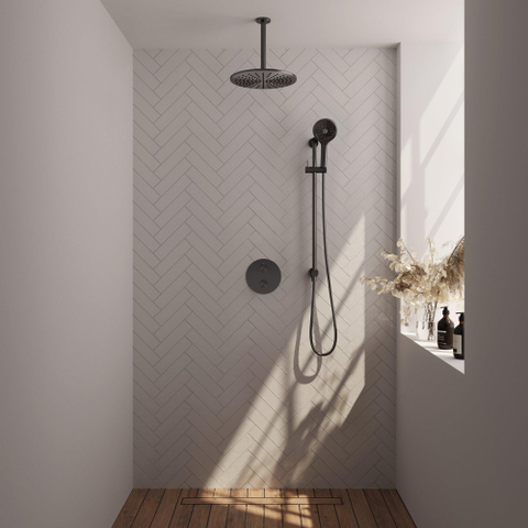 BRAUER Gunmetal Carving thermostatische Inbouw Regendouche - 3-weg - rond - set 96 - 30cm hoofddouche - plafondarm - 3-standen handdouche - doucheslang - geïntegreerde glijstang - gunmetal geborsteld PVD SW1159135