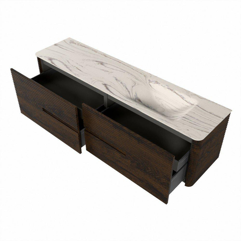 Mondiaz CIRO-DLUX Badkamermeubelset - 180x45x50cm - Solid surface wastafel Nata - 1 wasbak Rechts - zonder kraangaten - 4 lades - Walnut SW1530613