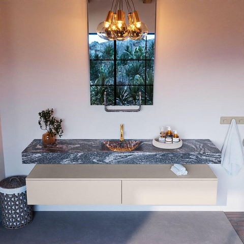 Mondiaz ALAN-DLUX Ensemble de meuble - 200cm - meuble Linen mat - 2 tiroirs - Lavabo Cloud Lava suspendu - vasque Centre - 1 trou de robinet SW808377