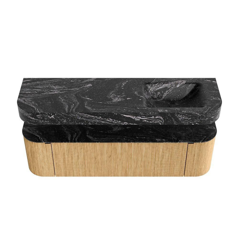 MONDIAZ THOR-DLUX 160cm meuble de salle de bains arrondi gauche + droite couleur Oak avec 1 tiroir et 2 portes. Vasque suspendue CLOUD Droite sans trou de robinet couleur Lava. SW1464981