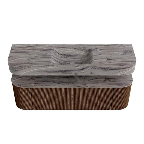 MONDIAZ THOR-DLUX 150cm meuble de salle de bains arrondi gauche + droite couleur Walnut avec 1 tiroir et 2 portes. Vasque suspendue CLOUD Milieu 1 trou de robinet couleur Sombra. SW1464919