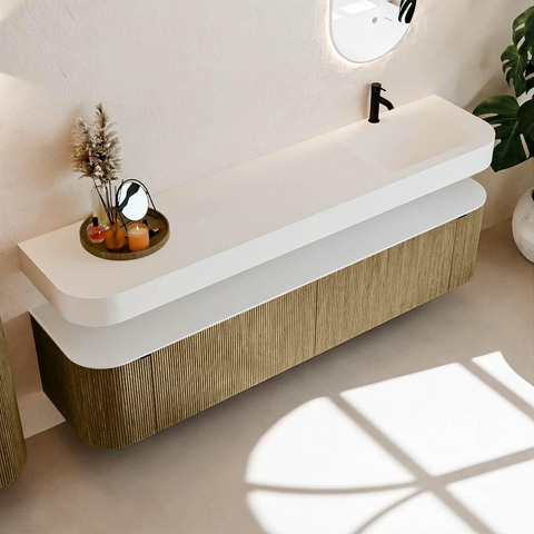 MONDIAZ THOR Meuble de salle de bains - 200cm - arrondi gauche + droite - couleur Dusk - 2 tiroirs - 2 portes - Vasque suspendue CLOUD droite 1 trou de robinet - couleur Talc SW1466836