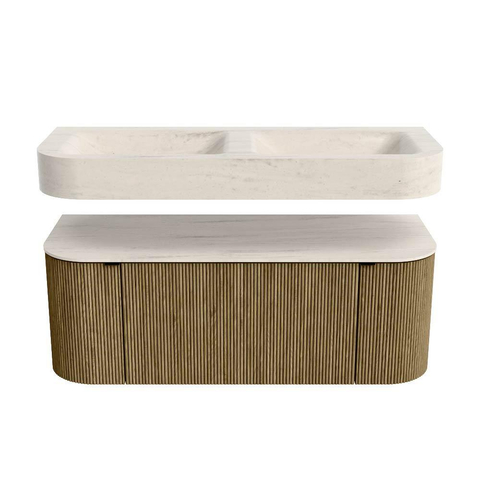 MONDIAZ THOR-DLUX 120cm meuble de salle de bains arrondi gauche + droite couleur Dusk avec 1 tiroir et 2 portes. Vasque suspendue CLOUD Double sans trou de robinet couleur Meli. SW1463324