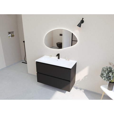 H&R Badmeubelen Infinity XXL 3D Badkamermeubelset - 100 cm - 1 keramische wasbak gala wit - 1 kraangat - 2 lades - mat zwart SW863475