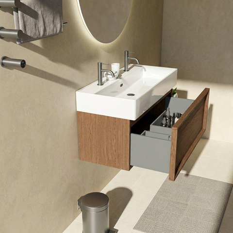 Saniclass Holz Frame Badkamermeubelset - 100x45x52cm - Legend keramische wastafel wit - 1 wasbak - 2 kraangaten - 1 lade - mat walnut pure (hout) SW1478505