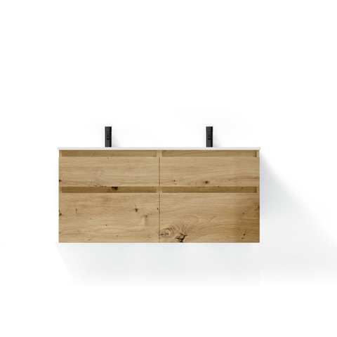 Saniclass Prime Vita Meuble de salle de bain - 140x46x60cm - lavabo en céramique brillant blanc - 2 vasques - 2 trous de robinet - 4 tiroirs - chêne rustique SW1439493
