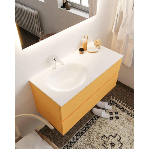 MONDIAZ VICA Ensemble de meuble salle de bain - 100cm - 2 tiroirs - lavabo Moon gauche - 1 trou de robinet - solid surface ocre SW411080