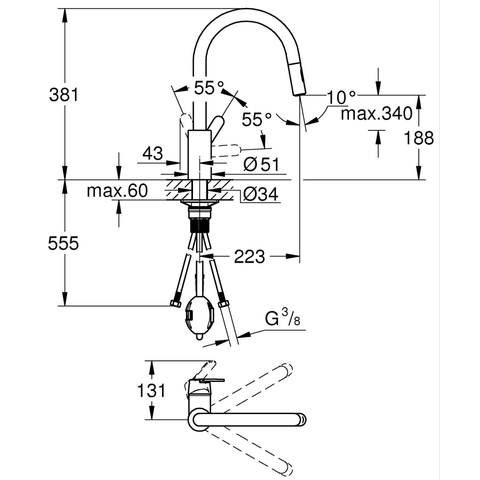 Grohe Get 1-gats Keukenkraan - hoge draaibare uitloop - met handdouche - voorsprong 22.3cm - chroom SW280652