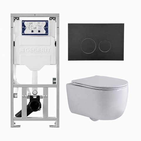QeramiQ Dely Swirl Ensemble WC- 36,3x51,7 cm - Réservoir encastré Geberit UP320 - Abattant fin - Plaque de commande noire mate - Boutons ronds - Blanc brillant SW1126088