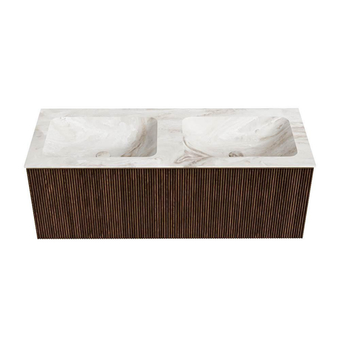 MONDIAZ KURVE-DLUX Meuble de salle de bains 120 cm couleur Walnut avec 1 tiroir. Lavabo LEAF double sans trou de robinet couleur Frappe. SW1137466