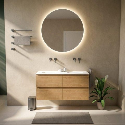 Saniclass Holz Pure Badkamermeubelset - 120x45x61.5cm - Flow solid surface wastafel wit - 2 wasbakken - zonder kraangaten - 4 lades - mat eiken natural (hout) SW1478416