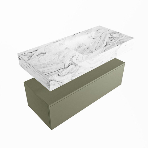 Mondiaz ALAN-DLUX Ensemble de meuble - 100cm - meuble Army mat - 1 tiroir - Lavabo Cloud Glace suspendu - vasque Droite - 0 trous de robinet SW806140