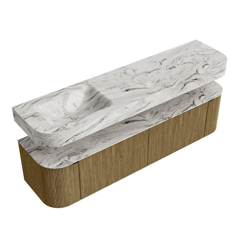 MONDIAZ THOR-DLUX 180cm meuble de salle de bains arrondi gauche + droite couleur Dusk avec 2 tiroirs et 2 portes. Vasque suspendue CLOUD Gauche sans trou de robinet couleur Glace. SW1466006