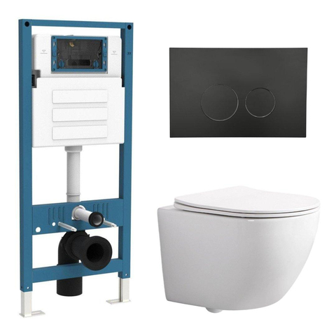 QeramiQ Dely Swirl Compact Toiletset - inbouwreservoir QeramiQ flush - slim zitting - kunststof bedieningsplaat mat zwart - ronde knoppen - glans wit SW1590487