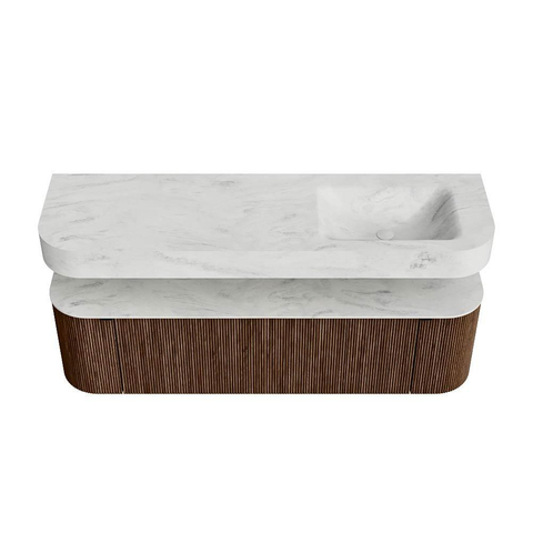 MONDIAZ THOR-DLUX 160cm meuble de salle de bains arrondi gauche + droite couleur Walnut avec 1 tiroir et 2 portes. Vasque suspendue CLOUD droite sans trou de robinet couleur Opalo. SW1464999